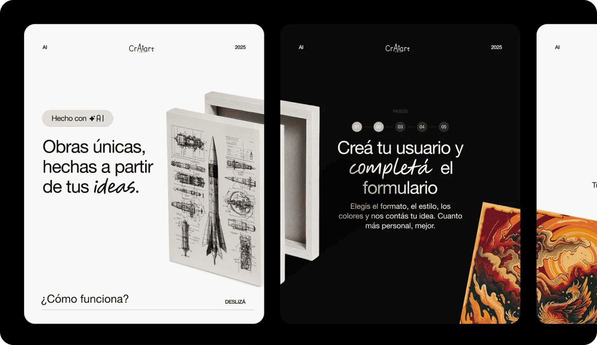 Plataforma CrAIart de obras personalizadas con IA, mostrando impresiones únicas y el proceso de pedido paso a paso