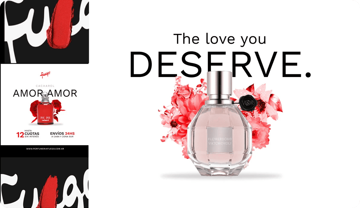 Anuncios de la perfumería Fuego con las fragancias Cacharel Amor Amor y Viktor and Rolf Flowerbomb