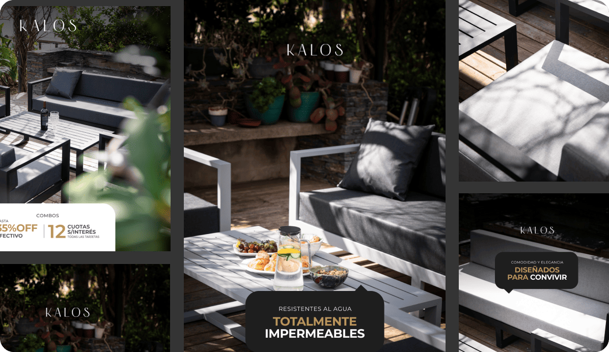 Anuncios de muebles de exterior Kalos con sillones y mesas de patio resistentes al agua y ofertas promocionales