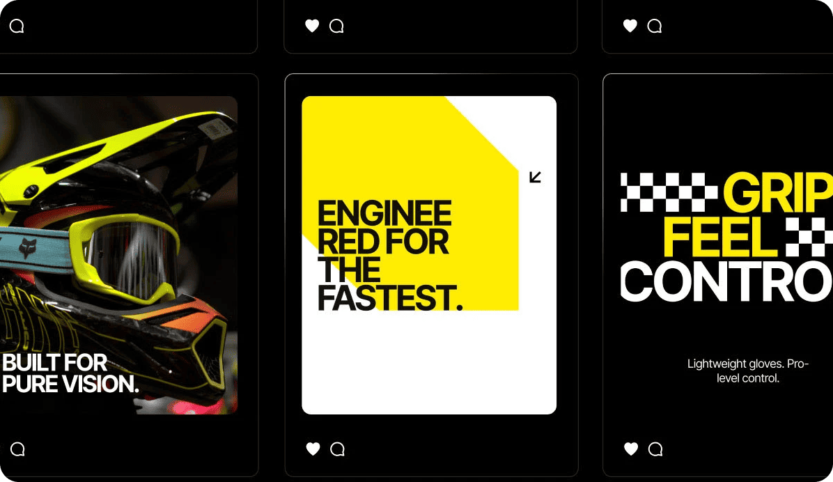 Anuncios en redes de indumentaria de motocross Fox Racing con cascos, antiparras y guantes