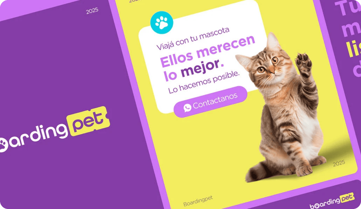 Campaña en redes sociales de Boarding Pet con un gato y mensajes sobre viajes