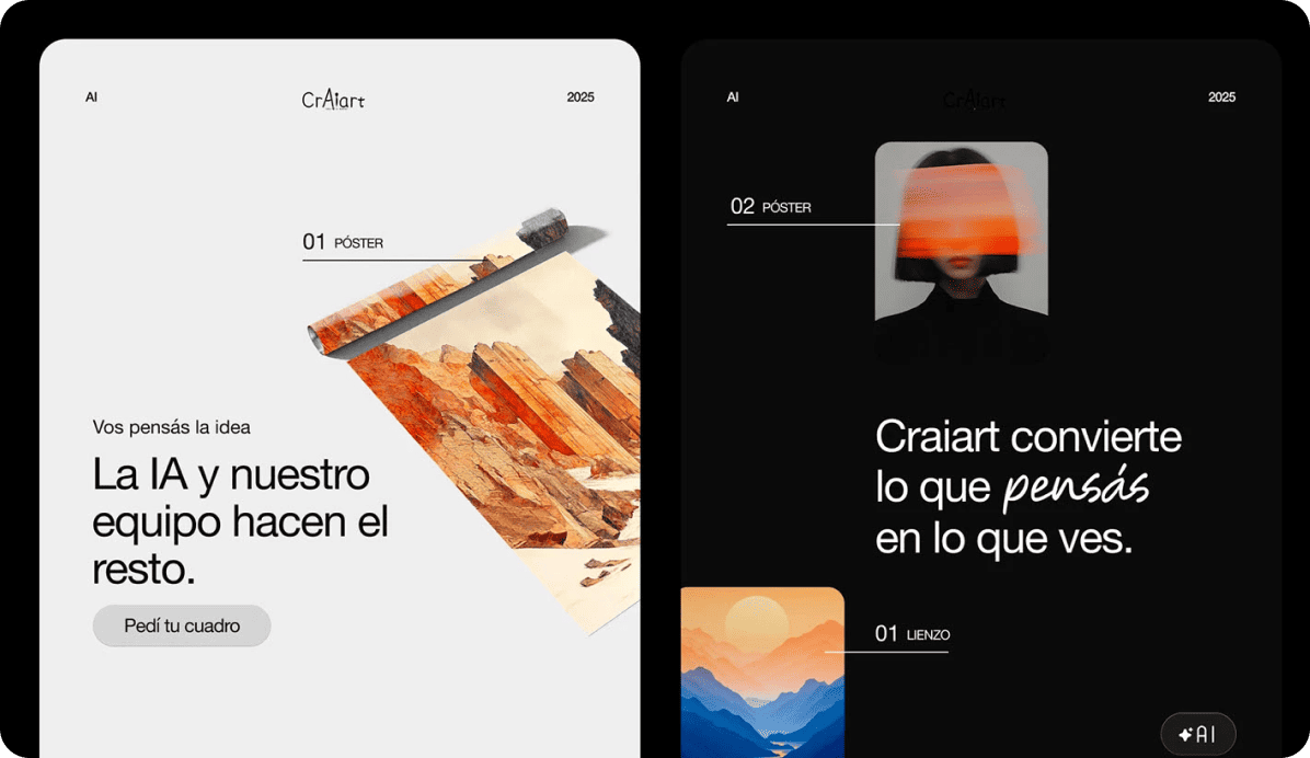 Landing pages del servicio de arte y pósters con IA de CrAIart, en versión clara y oscura