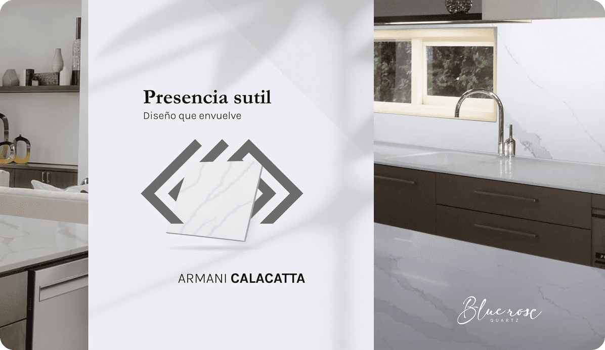Pieza de marca de Blue Rose Quartz para una cocina en mármol Armani Calacatta