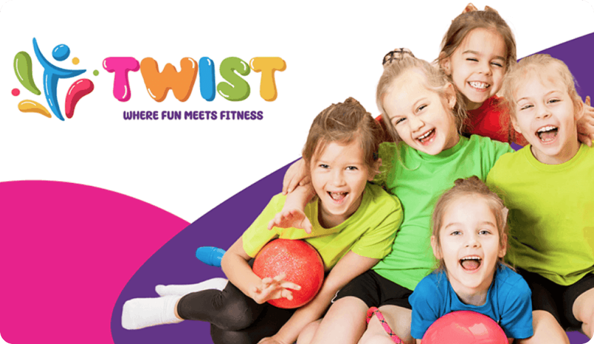 Identidad de marca de Twist, fitness para chicos, con niños jugando y un diseño colorido