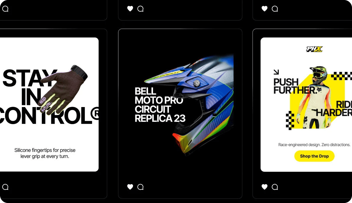 Anuncios en redes de indumentaria de motocross PHX con guantes, casco e indumentaria de competición