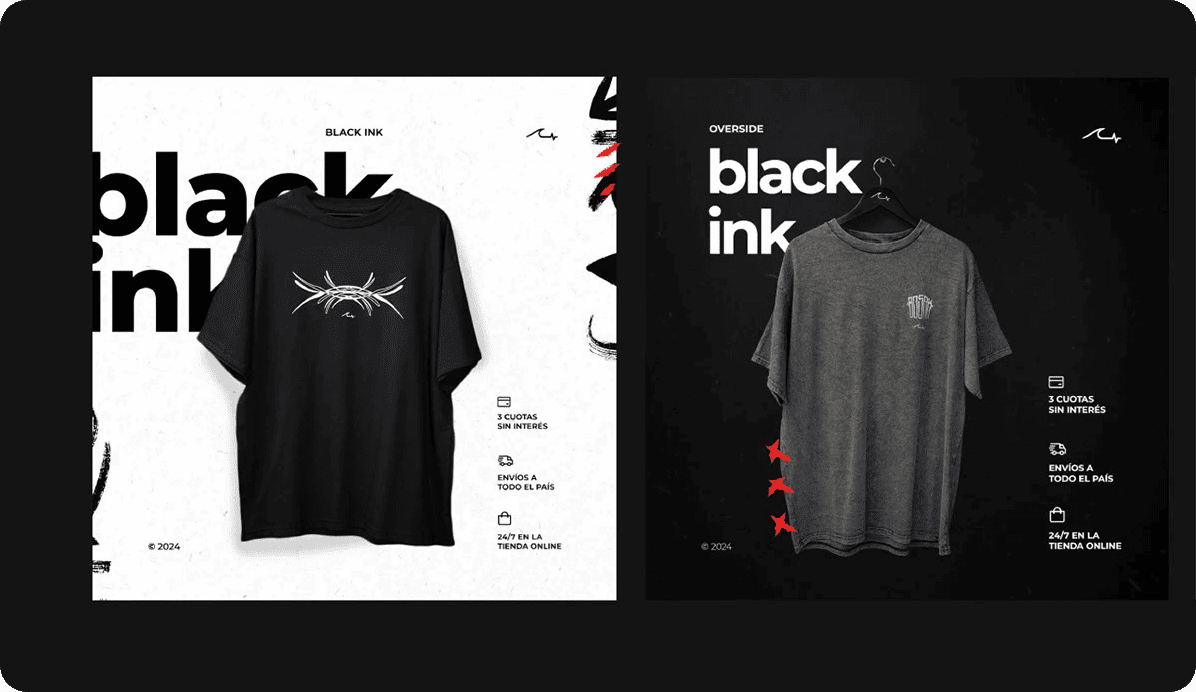 Anuncios de producto del eCommerce de la marca de streetwear Black Ink, con remeras oversize