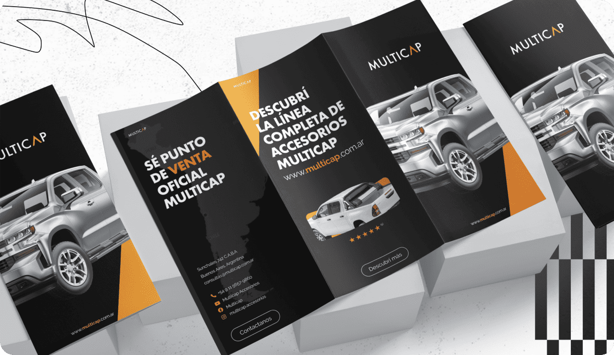 Diseño de folleto tríptico de Multicap para accesorios automotores