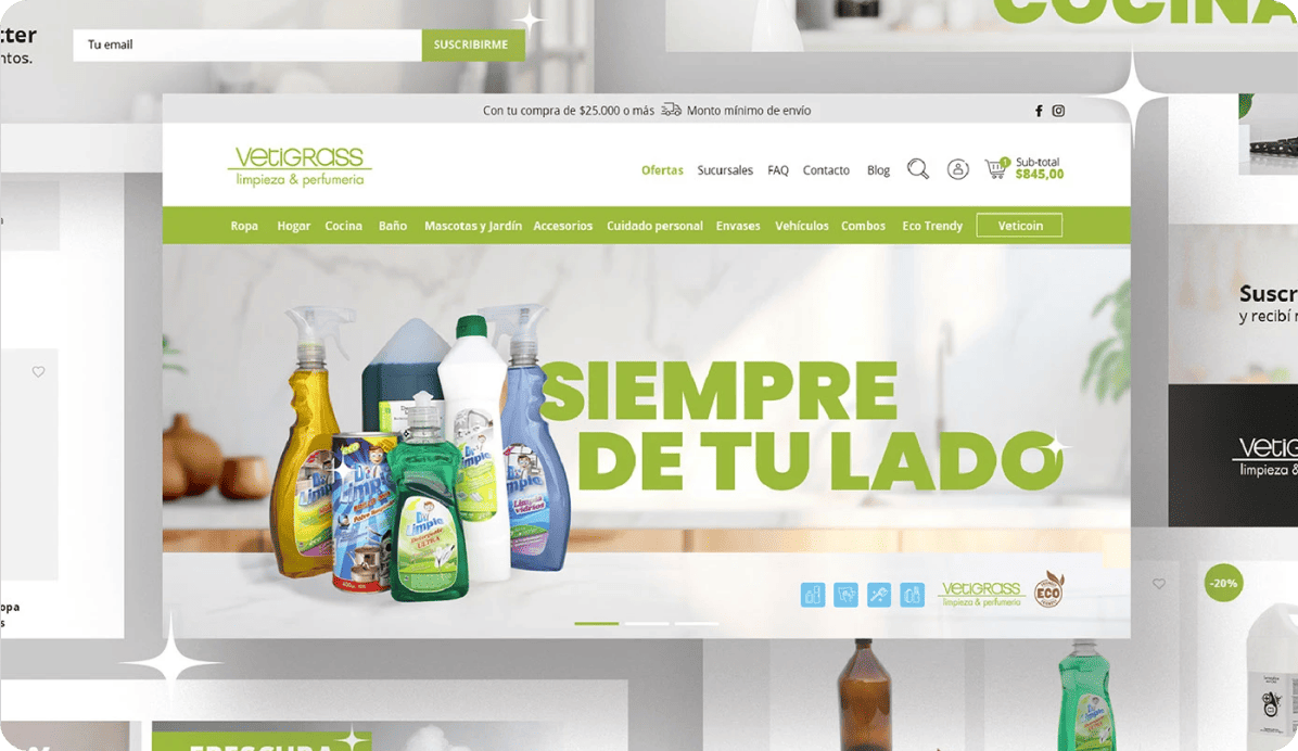 Tienda eCommerce de limpieza y perfumería Vedigrass con catálogo de productos y categorías