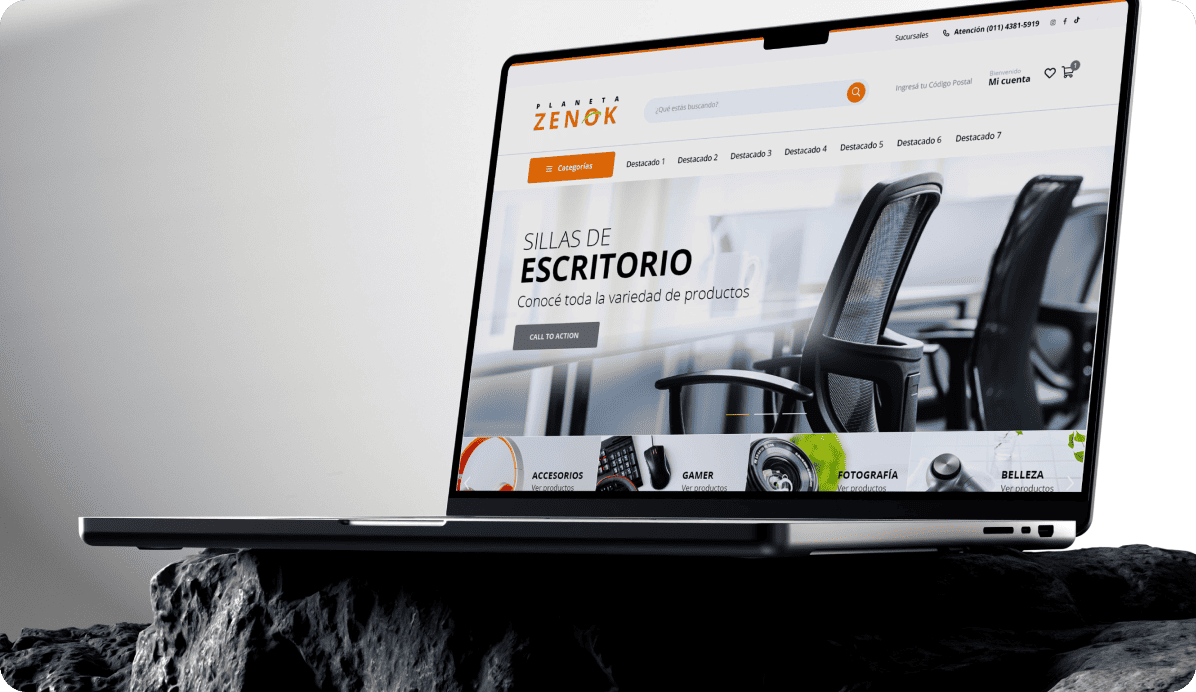 Tienda eCommerce multicategoría Zenok en una notebook, con sillas de oficina y accesorios