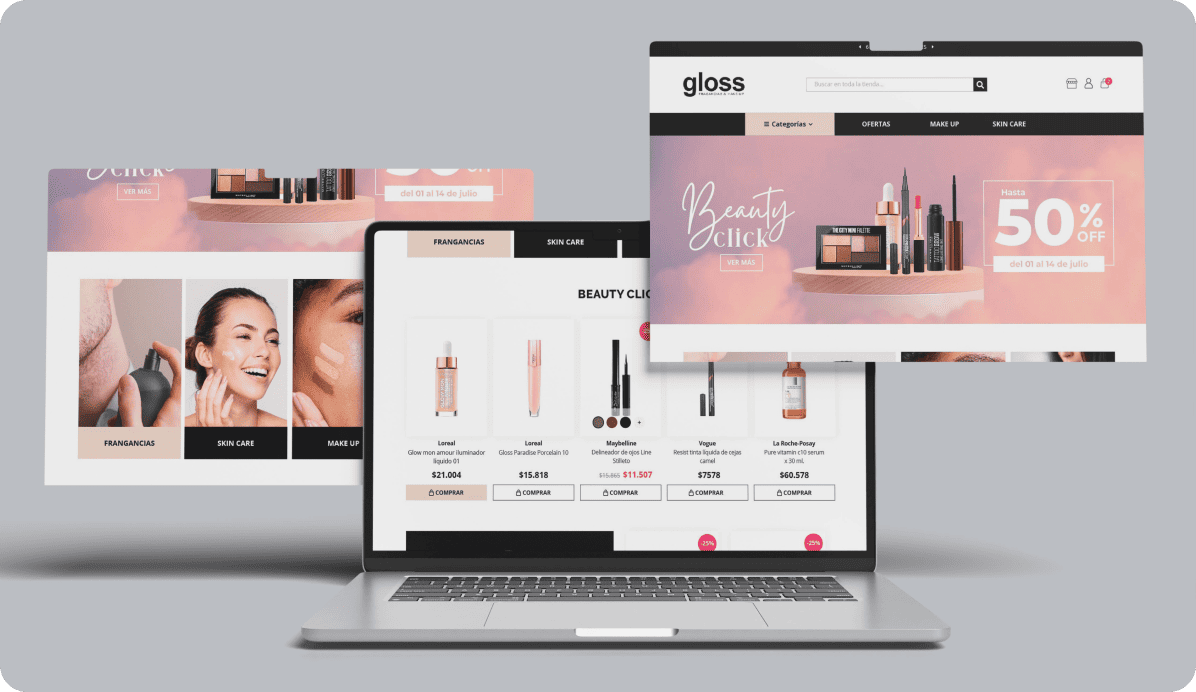 eCommerce de cosmética Gloss Beauty Click con listados de productos y banners promocionales