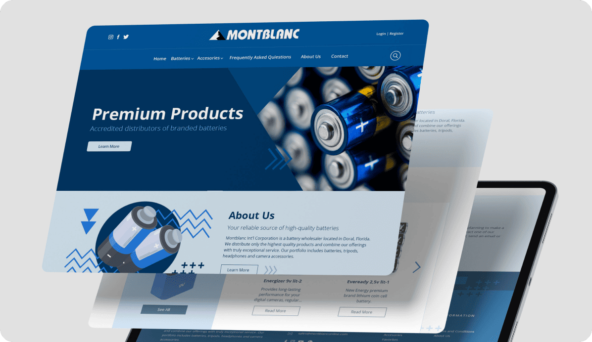 Sitio de eCommerce mayorista de baterías Montblanc con el catálogo de productos en varios dispositivos