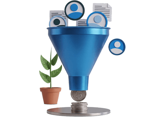 Embudo de marketing con perfiles de usuarios, documentos y crecimiento de ingresos