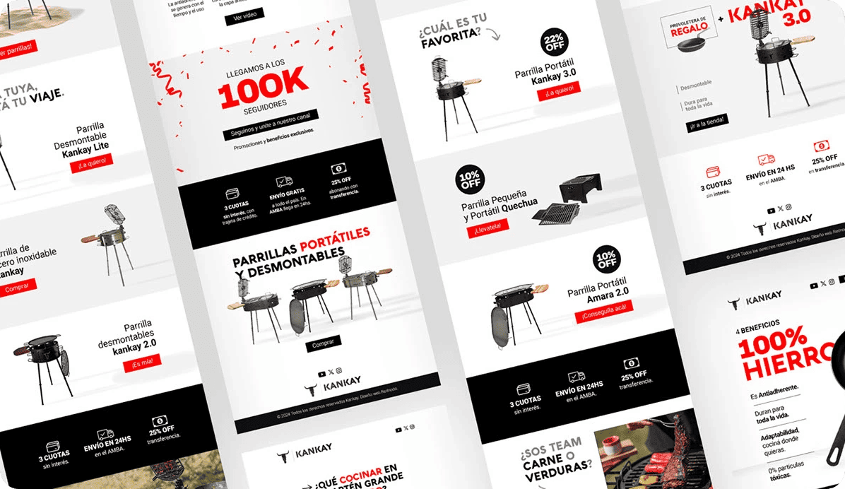 Campañas de email marketing de las parrillas portátiles Kankay con promociones de producto y el hito de 100K seguidores