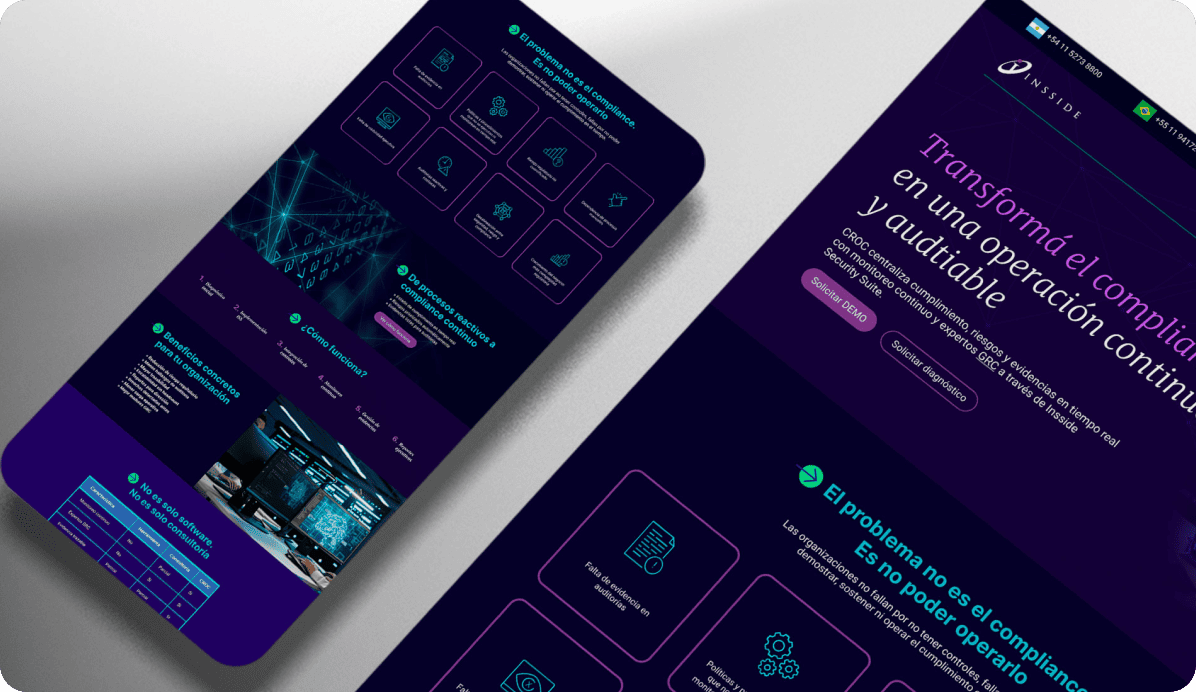 Sitio web de la plataforma de compliance Basside en tablet y celular, con diseño tecnológico oscuro